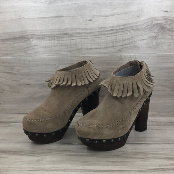 Flogg Ankle Boots Women's 6.5 Davina Taupe Fringe Suede Heel Platform Booties - Picture 3 of 9